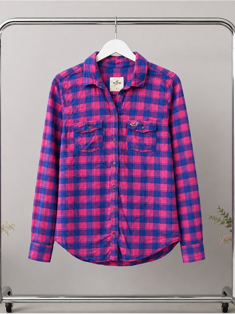 Hollister Pink and Blue Plaid Button-Up Shirt